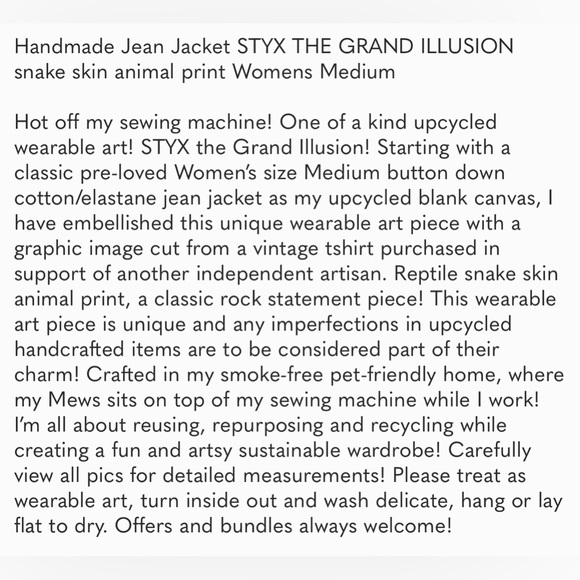 Handmade Jean Jacket STYX snake skin animal print Womens Medium - Picture 2 of 11